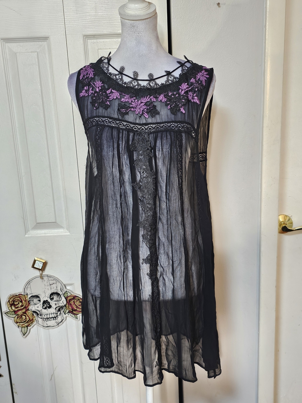 Free People Black Sheer Sleeveless Tunic with Purple Floral Applique